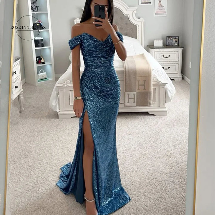 Chic and Elegant Women Evening Maxi Dresses 2024 Off-Shoulder Sequin Mermaid Prom Formal Gowns For Party Split Night Dress - Vogue Vista UK