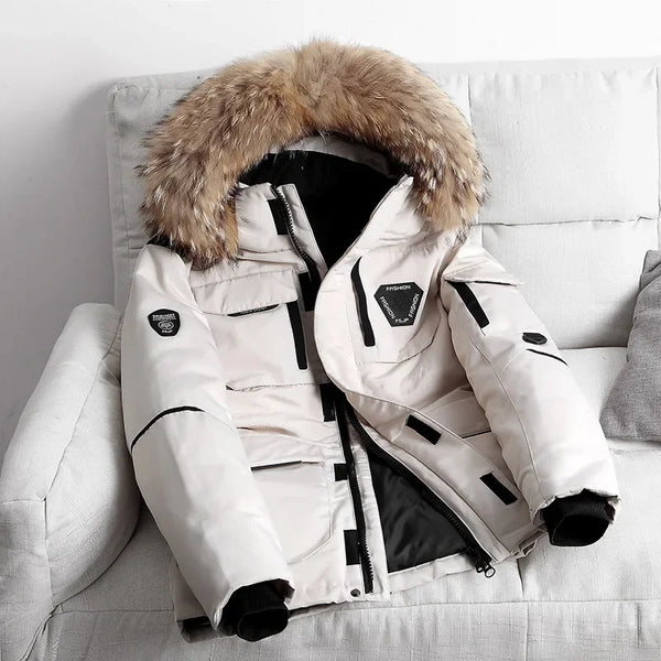 -30 Degree White Duck Down Parkas Men Windproof Hooded Thicken Multi-pocket Down Coat Fur Collar Hooded Thick Winter Jacket