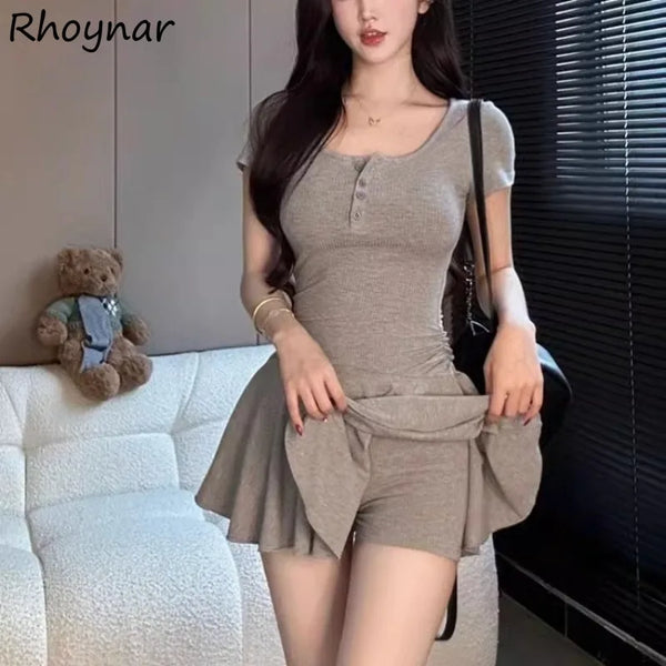 Short Sleeve Mini Dresses Women Summer Spicy Girls Slimming Pleated Single Breasted Trendy Fashion Ulzzang Casual Daily Female