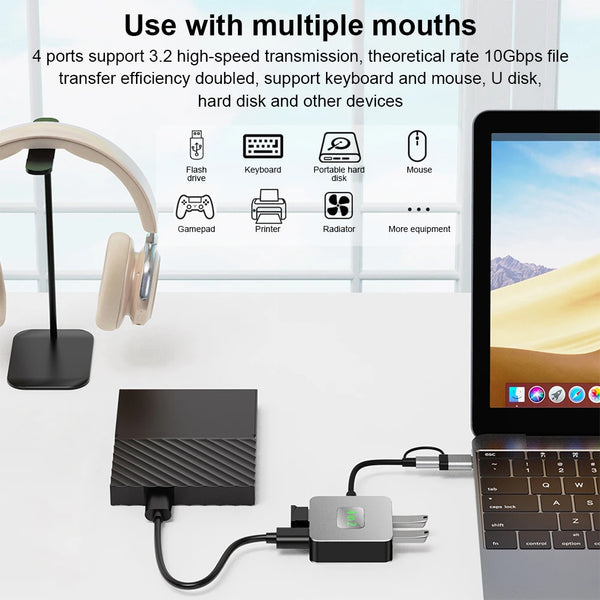 USB 3.2 Hub 4 in 1 USB C Hub USB-C/USB-A To 10Gbps USB 3.2 Mini 4 Port USB Hub 2*USB3.2+2*USB-C3.2 Docking Station Type C HUB