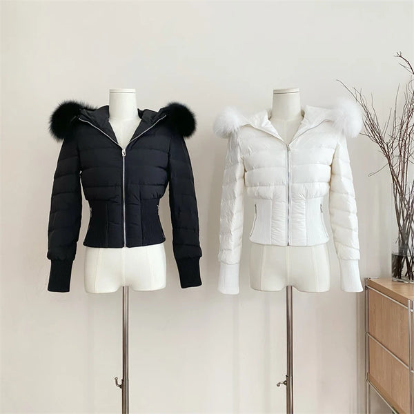 Winter Real Fox Fur Women White Goose Down 2000s Short Jacket Warm Puffer Female Outdoor Thick Cropped Y2k Fashion Parkas 2024