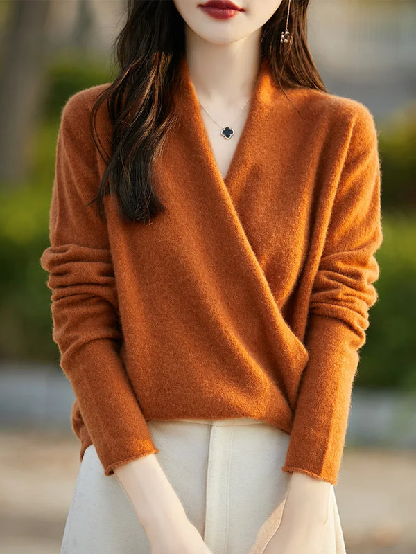 100% Merino Wool Knitwear Women's V-Neck Pullover Sweater Autumn Winter Female Grace Soft Clothes Long Sleeve Warm Fashion Tops