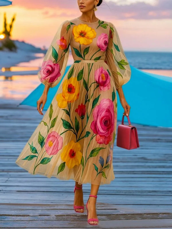 Gymystars Woman Beach Dress Elegant Party Dresses Summer Fashion Puff Sleeves Flower Print See-Through Chiffon Bohemian Dress