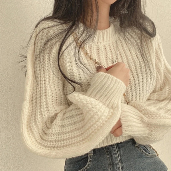 Korean Loose Long Sleeve Sweaters Fashion Women Harajuku Lantern Knit O-Neck Solid Basic Jumpers Autumn Winter Soft Warm Sweater