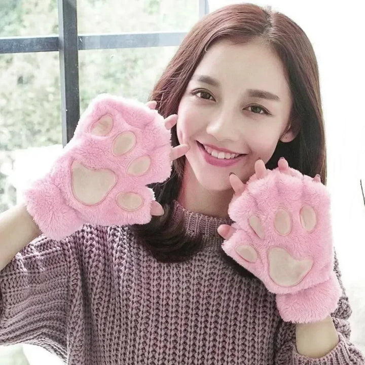 Kawaii Women Cat Gloves Fashion Girls Cat Claw Paw Plush Mittens Warm Soft Plush Short Fingerless Half Finger Winter Gloves - Vogue Vista UK