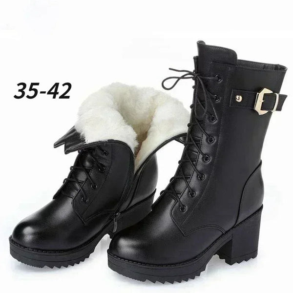 2024 Winter Leather Women Winter Boots Thick Wool Warm Women High-heeled Genuine Boot High-quality Female Snow Boots Women Shoes