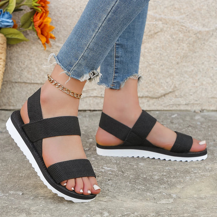 Women's fashion trend anti-slip wear comfortable matching color sole pure black shoelace flat sandals - Vogue Vista UK