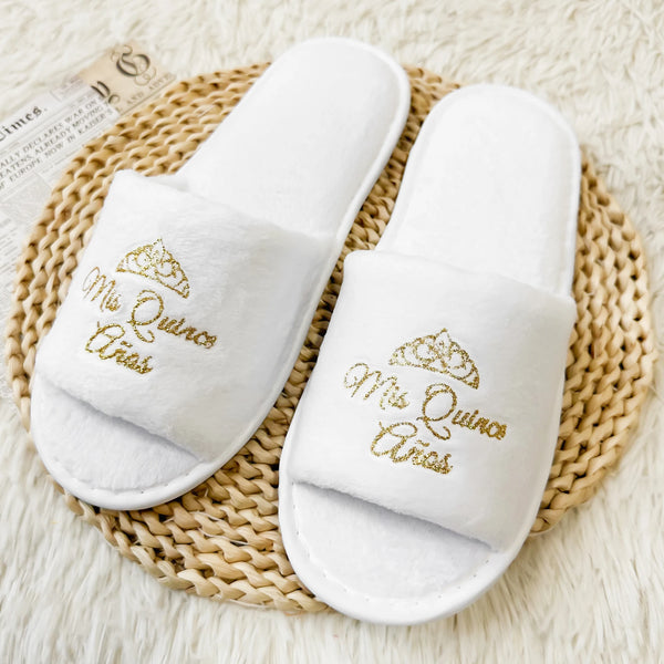 Letras españolas "Mis Quince Anos" Glitter Golden Printed Slippers,For Teenage Girls 15th Birthday Party, for Daughters, Friends