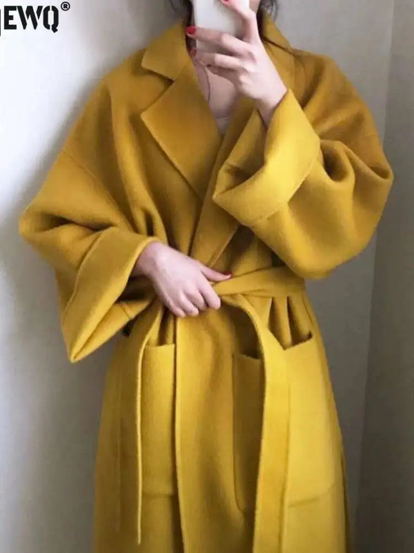 [EWQ] Chic Thick Warm Lapel Lace-up Pockets Loose Woolen Coat Yellow 2025 Autumn Yellow Oversize Beautiful Women Clothing QL2810