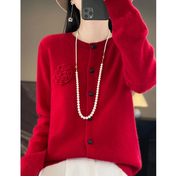 100% Merino Cashmere Sweater Women's Cashmere Cardigan sweater loose solid color autumn and winter comfort top