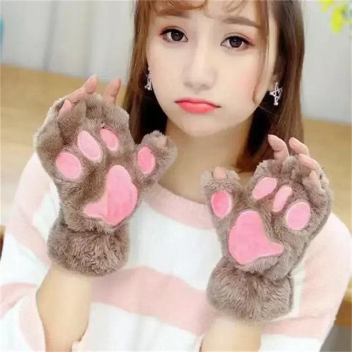 Kawaii Women Cat Gloves Fashion Girls Cat Claw Paw Plush Mittens Warm Soft Plush Short Fingerless Half Finger Winter Gloves - Vogue Vista UK