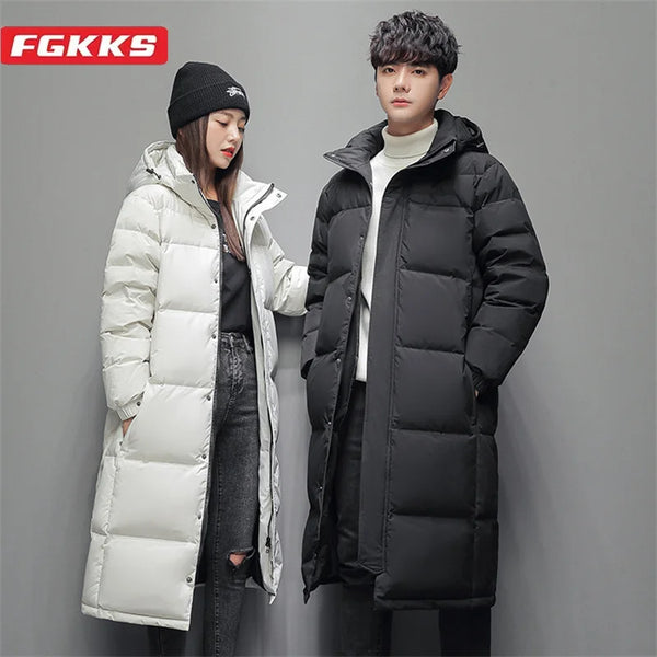 FGKKS 2025 Couple Winter Down Jacket Fashion Classic Slim Korean Style White Duck Down Men's Long Coat Women Hooded Outwear
