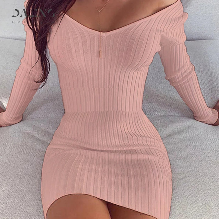 Sexy Club Off Shoulder Long Sleeve Bodycon Dress For Women 2020 Winter White Knitted Sweater Mini Woman Dresses Robe Femme - Vogue Vista UK