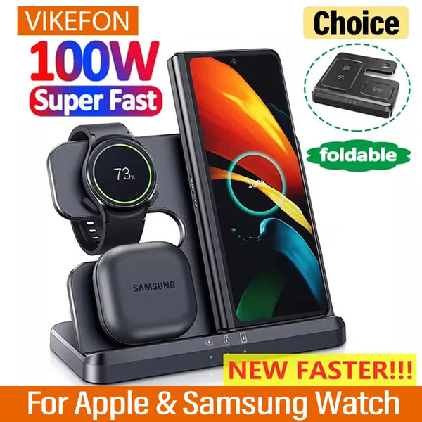 100W 3 in 1 Wireless Charger Stand For Samsung Fold 4 3 S22 Untra Galaxy Watch 5 4 3 Active 2/1 Buds Fast Charging Dock Station