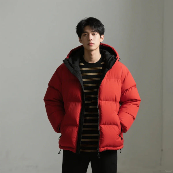 Men's winter stand up collar detachable hooded windproof double zipper design down jacket with multiple pockets for warmth
