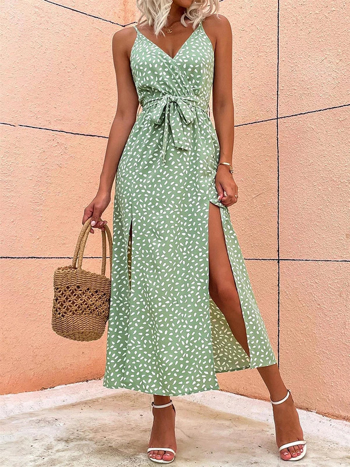 Summer Floral Print Long Dress Women Sexy Backless Bandage Slit Beach Sundresses Casual Elegant Black V Neck Sleeveless Dress - Vogue Vista UK