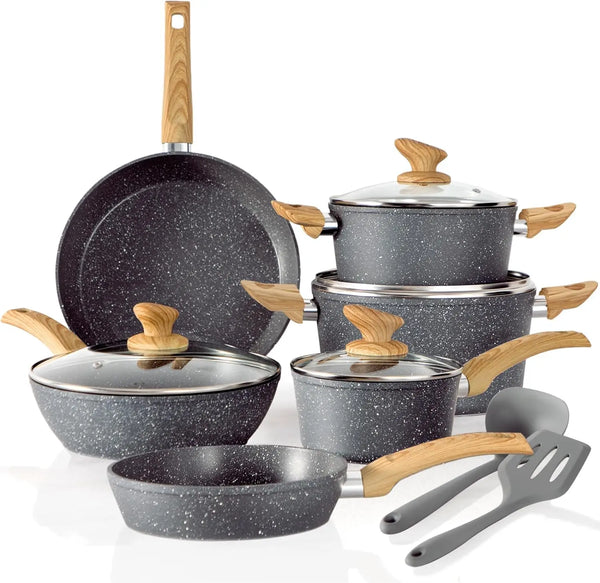 Induction Cookware Sets - 12 Piece Cooking Pan Set, Gray Granite Nonstick Pots and Pans , Induction Hob Pans