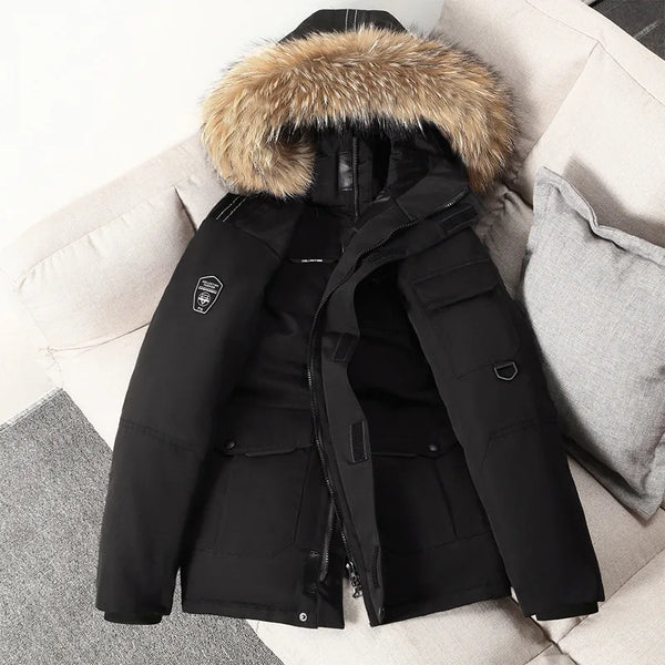 Winter Down Jacket Men's Cold-proof Tooling Parka Male South Korea Running Fur Collar Hooded Luxury White Duck Down Warm Coat
