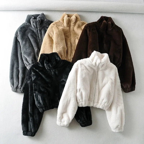 Warm Short Fur Jacket 2025 Autumn New Style Slim Fit Stand Collar Waist Cinched Zipper Women's Jacket Polyester Fiber Full Sleev