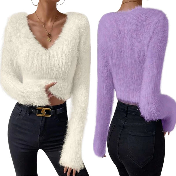 "2025 Winter Women's Short Sweater - Solid Color Slim Fit V Neck Fuzzy Cropped Pullover Soft Knit Top for Layering"