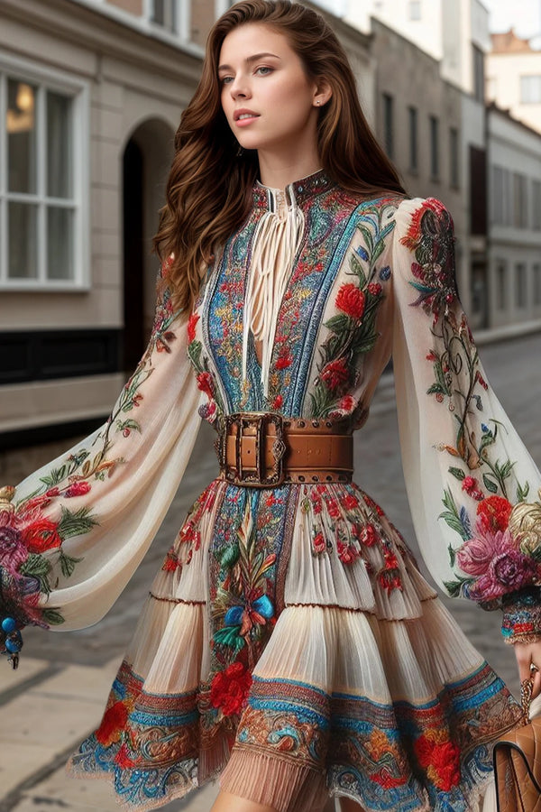Women Flora Printed Dress See Through Elegant Chic Ethnic Reteo Lantern Sleeve Bandage Mini Dresses Long Sleeve Tassel Dress