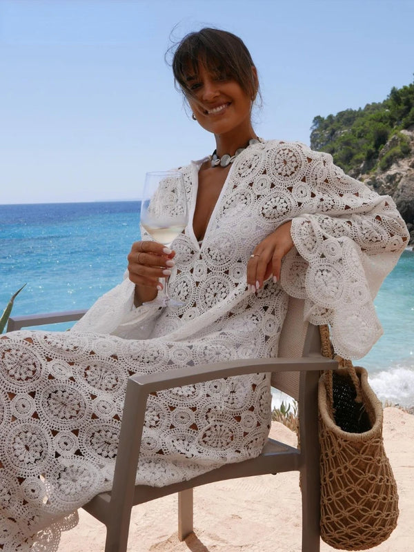 V Neck Crochet Hollowed Out Flare Sleeve Midi Dress Women Loose See Through Vestidos 2024 Sexy Party Beach Vacation Female Robes