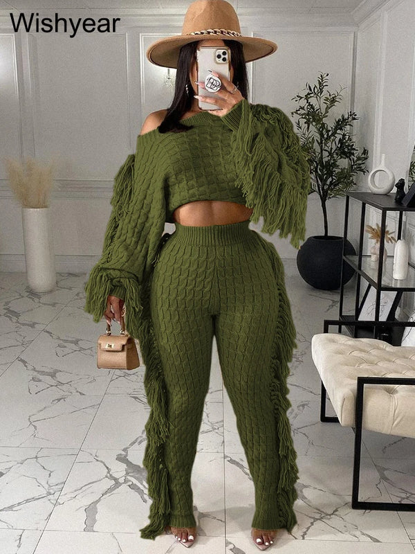 Knitted Sweater Tassel Long Sleeve Crop Top and Pants 2 Piece Set Warm Winter Women Fashion Streetwear Female Club Outfits New