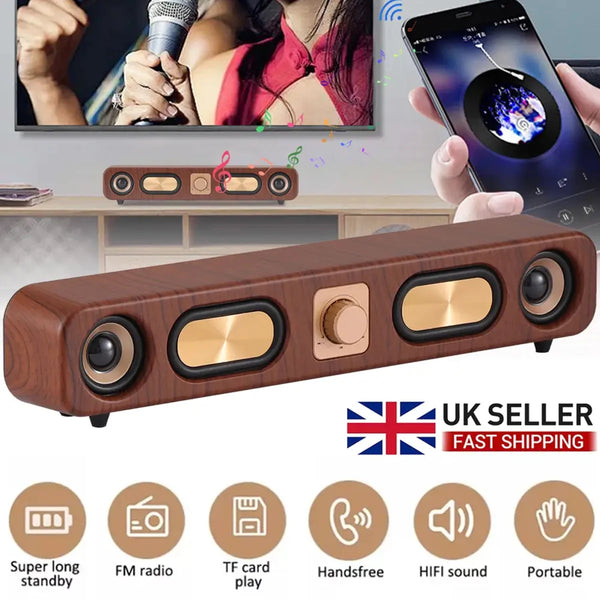 Retro Woodgrain Bluetooth Speakers Portable SoundBar Hi-Fi Stereo Home Computer PC Desktop Wireless Sound FM Radio Subwoofer