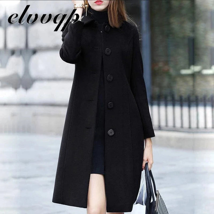 New Fashion British Solid Button Wool Coat Women Long Sleeve Jackets Woman Elegant Pocket Slim Outfit Mujer - Vogue Vista UK