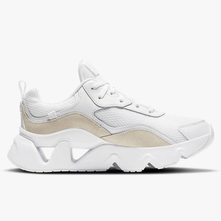 Nike RYZ 365 2 women's lightweight platform dad shoes in white and beige side view.