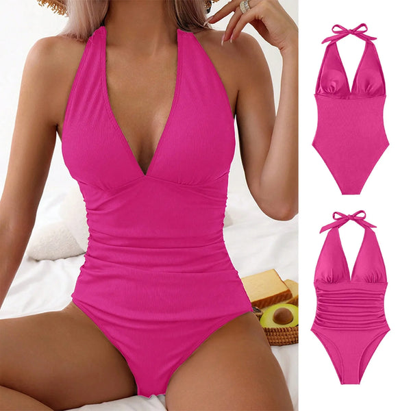 Women One Piece Criss Cross Bandage Swimwear 2025 Bodysuit  Bathing Swimming Suit Sexy Slimming Deep V-neck Sports Beachwear
