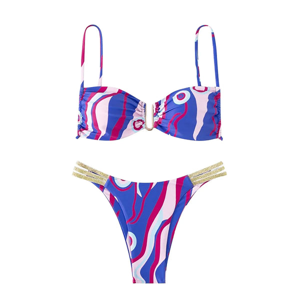 Printing High Waist Bikinis Swimwear Female Retro Split Beachewear Bikini Set Sexy Halter Lace Up Bathing Suits