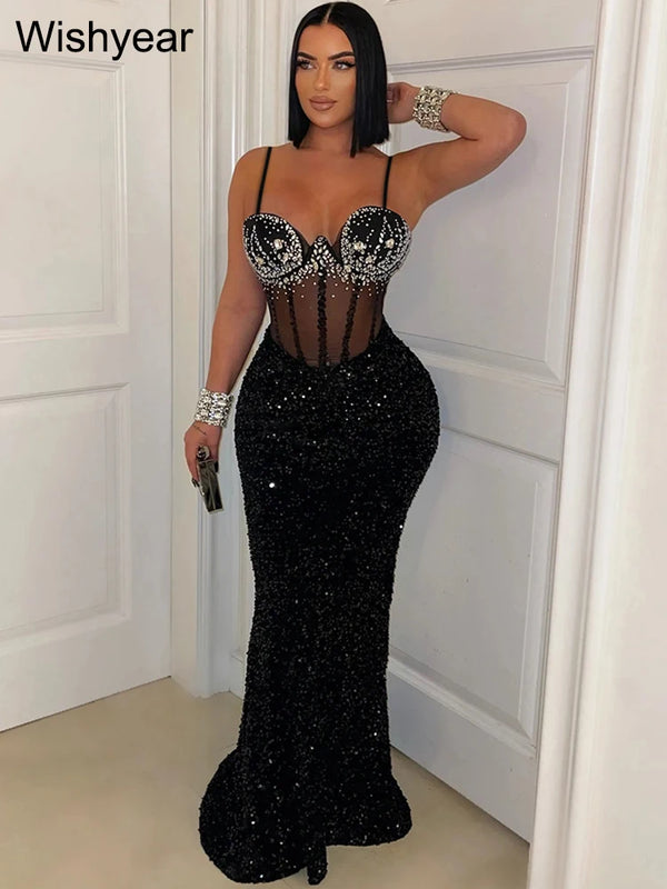 New Women Sexy Mesh Velvet Diamonds Sequin Patchwork Long Dress Sleeveless Spaghetti Strap Bodycon Birthday Party Evening Robe