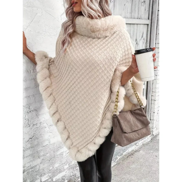 Elegant thick knit turtleneck with faux fur trim - Women's stylish solid color pullover cape, perfect for fall and winter