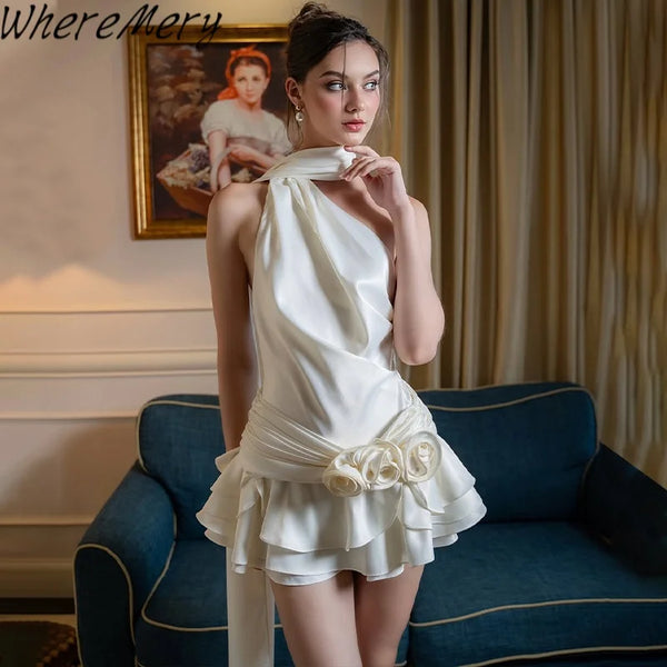 WhereMery Sexy Satin Backless 3D Flowers Women Dresses White Halter A-line Dress Female Spring Slim Elegant Party Beach Vestidos