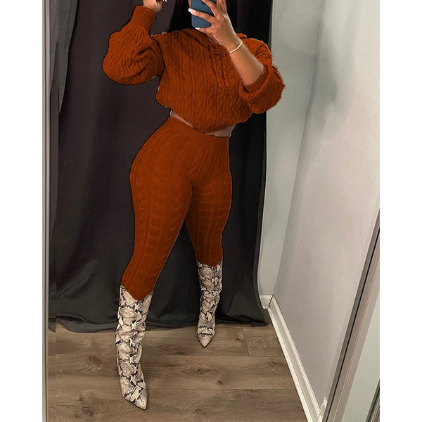 Knitted Two Piece Women Sets Long Sleeve Sweater Hooded Pullover Cable and Skinny Pants Set 2 Piece Tracksuit