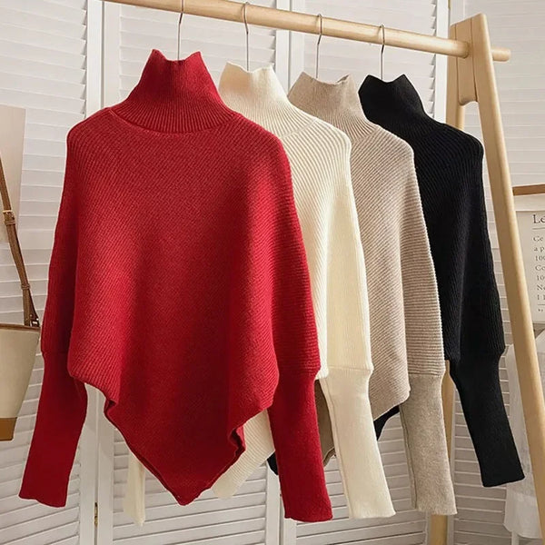 2025 Korea Autumn Winter Women Fashion Irregular Loose Knit Sweater Vintage High Neck Long Sleeve Female Pullovers Chic Tops