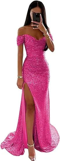 Chic and Elegant Women Evening Maxi Dresses 2024 Off-Shoulder Sequin Mermaid Prom Formal Gowns For Party Split Night Dress - Vogue Vista UK