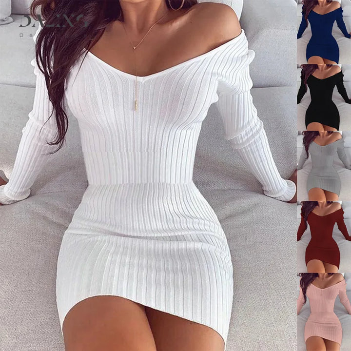 Sexy Club Off Shoulder Long Sleeve Bodycon Dress For Women 2020 Winter White Knitted Sweater Mini Woman Dresses Robe Femme - Vogue Vista UK