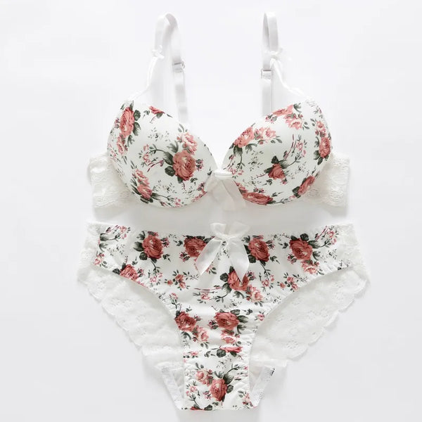 Floral Bras Women Embroidery Lingerie Set Sexy Underwear Push Up Thin Padded Bow Bra Panty Set - Vogue Vista UK