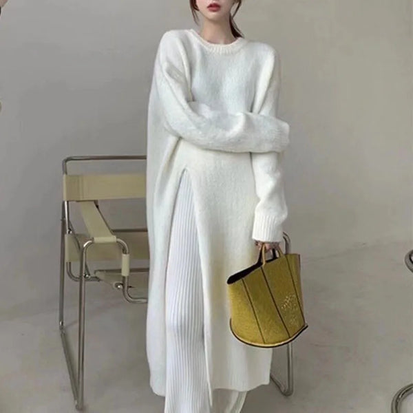 Women Loose Side Split Sweater Dress Autumn Winter O-Neck Long Sleeve Knitwear Knee Length Party Dress PYMY-MY788745kaicha