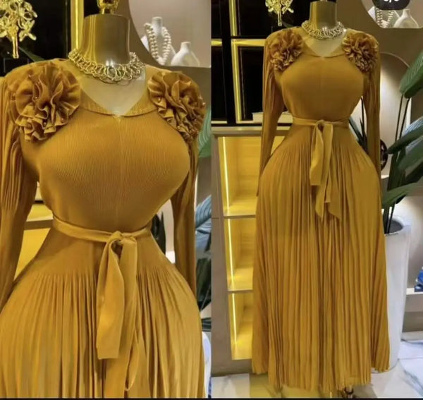 Miyake Temperament Women's Dress 2025 Long Sleeve Deep V Waist Pleated Dresses 2025 Spring/Summer New