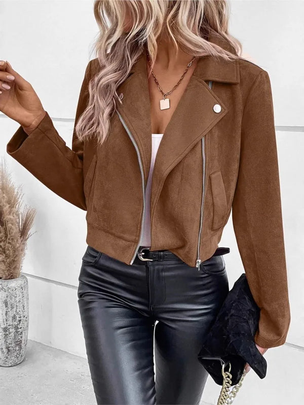 New Winter Slim Short Lapel Zipper Jacket For Women Fashion Elegant Solid Casual Office Holiday Party Top Coat Womens Clothing