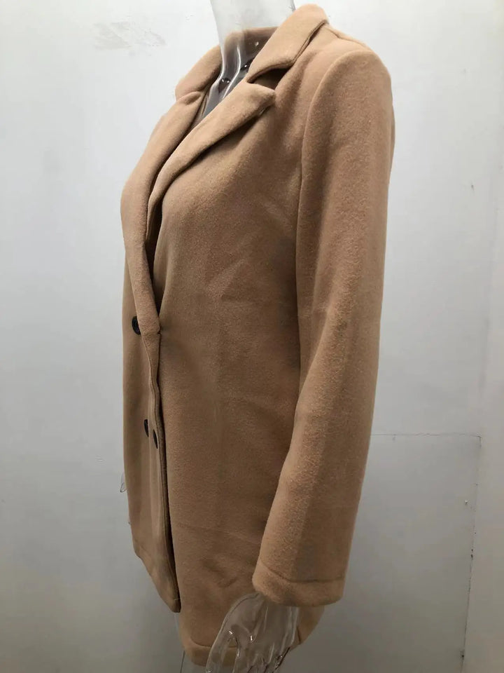 Autumn and winter solid color long sleeved double breasted suit collar woolen jacket for women - Vogue Vista UK