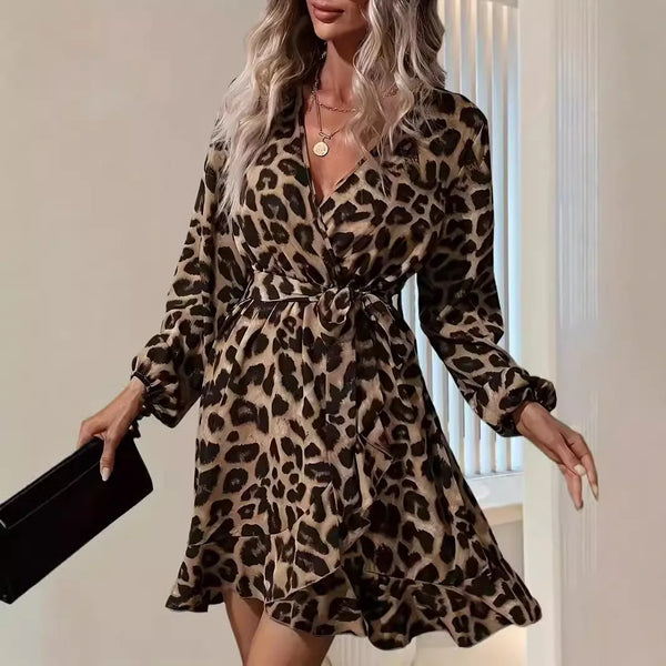 2025 Autumn and Winter Women New Long Sleeve V-neck Leopard Print Lace-up Ties Dress Women's Formal Party Mini Temperament Dress