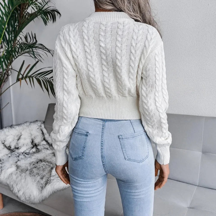 Crop Cable Knit White Sweater Long Sleeve Crew Neck Pullover Women Jumper Soft Girls Autumn Winter  Thick & Warm Knitwear - Vogue Vista UK