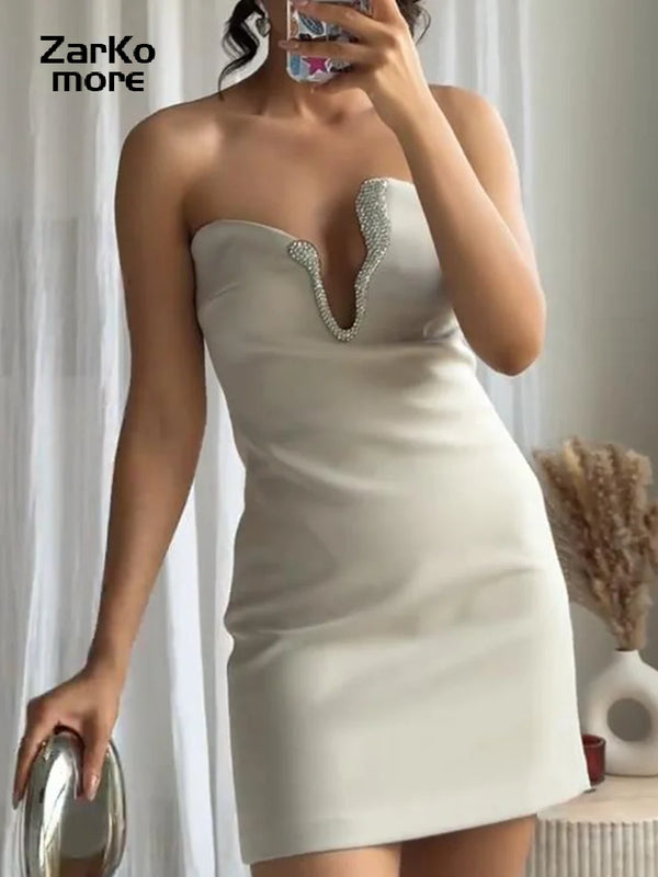 Sexy Rhinestone Short Dress Women Off Shoulder V-neck Sleeveless Backless Hip Package Mini Dresses 2025 Summer Lady Party Gowns