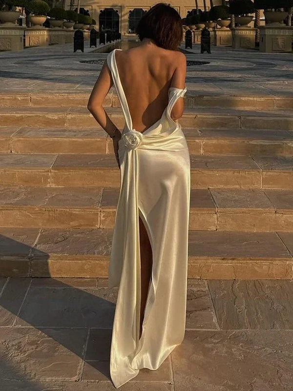 2025 Satin Backless Sexy Long Dress for Women Elegant Rose Thigh High Waist Beach Holiday Long Dress Gorgeous Club Dress