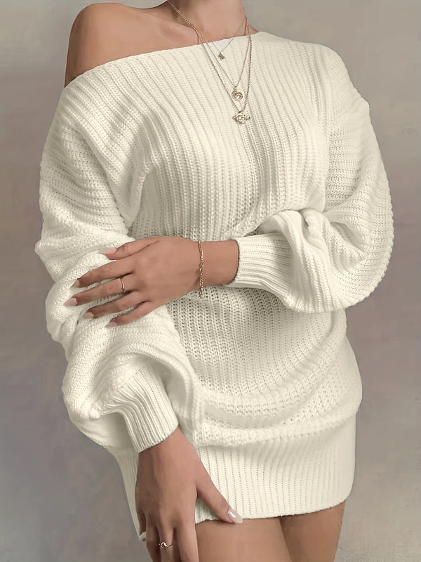 Solid Off Shoulder Knitted Dress Casual Long Sleeve Sweater Dress For Fall & Winter  Women's Clothing