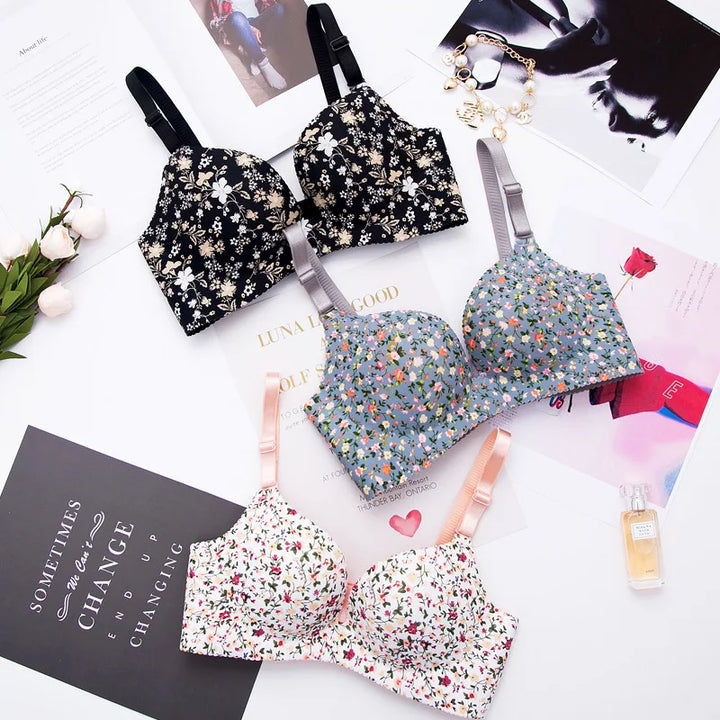 Sexy Lingerie Flower Print Gathered Bras Women Floral Push Up Seamless Bra Underwear - Vogue Vista UK